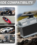 55KG Brushless Servo With Full Metal Build And Magnetic Encoder For Precise Motion, High Torque And Fast Response, shown with RC cars, boats, robots.