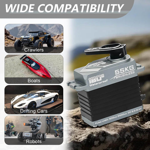 55KG Brushless Servo With Full Metal Build And Magnetic Encoder For Precise Motion, High Torque And Fast Response, shown with RC cars, boats, robots.