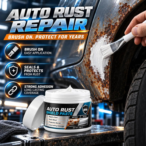 Hit The Garage And Fix That Rust Real Quick With Car Metal Rust Repair Paste And Brush 3 Pack applied to vehicle rust area.