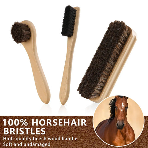 Premium Eleven Piece Leather Care Kit With Horsehair Brushes features three beech wood brushes with soft horsehair bristles.