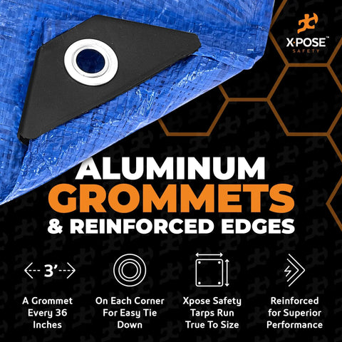 Close-up of Heavy Duty Blue Poly Tarp 50 Ft By 50 Ft Workhorse Multipurpose Cover Waterproof with aluminum grommet and reinforced edge