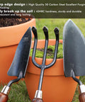 3-In-1 Heavy Duty Garden Tools Kit with carbon steel trowel, transplanter, and cultivator; ergonomic wooden handles on grass