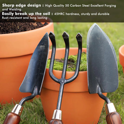 3-In-1 Heavy Duty Garden Tools Kit with carbon steel trowel, transplanter, and cultivator; ergonomic wooden handles on grass