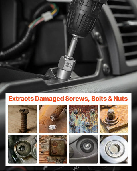 16-Piece Bolt Extractor Kit with Adapters and Pin Punch for removing beat-up rusted stripped rounded bolts, shown in use.