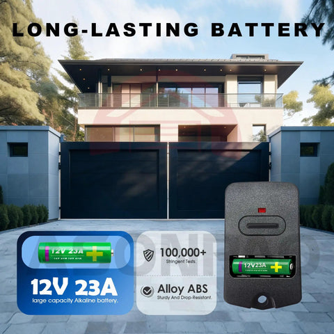 Front view of house with gate, 12V battery, and Three Pack Gate Opener Remote For GTO Pro Access And Linear Systems FM135 RB741.