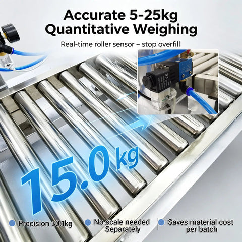 Heavy Duty Semi Automatic Paint Filler And Bucket Capper With Precision Digital Scale showing 15.0kg weighing on stainless steel rollers.