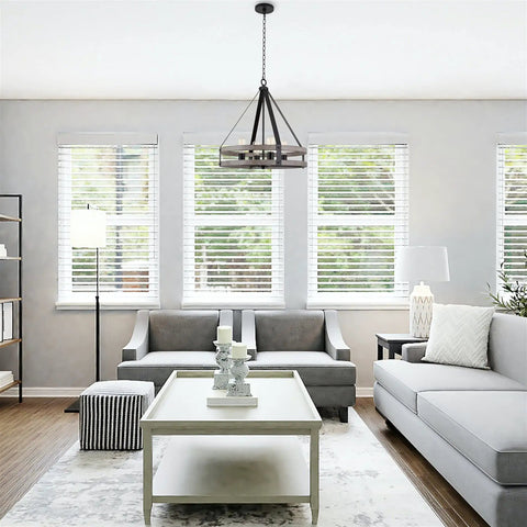 Modern Farmhouse Pendant Chandelier, 4 Light, 24 Inch, shown in living room with open cage design and light cedar wood