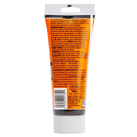 Back view of Heavy Duty Construction Adhesive White Glue 7 Ounce Squeeze Tube showing product instructions and details.