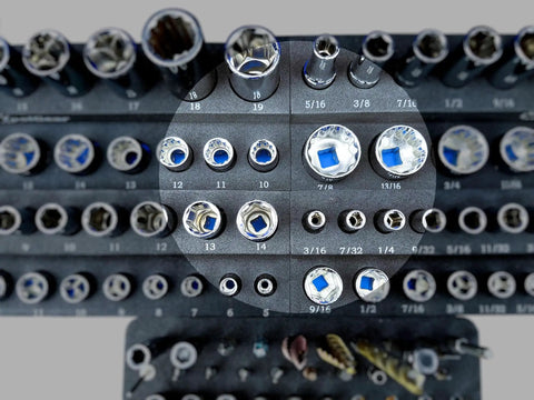 Overhead view of All In One Socket Organizer For 1/4 And 3/8 Drives With SAE And Metric Sizes, displaying deep and standard sockets.
