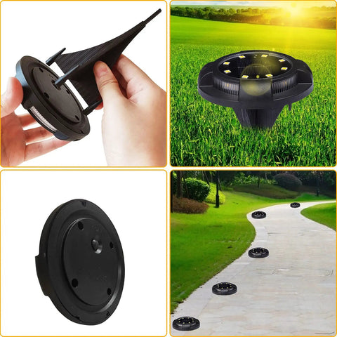 12 Pack Outdoor Solar Lights Waterproof Landscape Pathway Garden Lights for Patio shown in garden setup and during installation