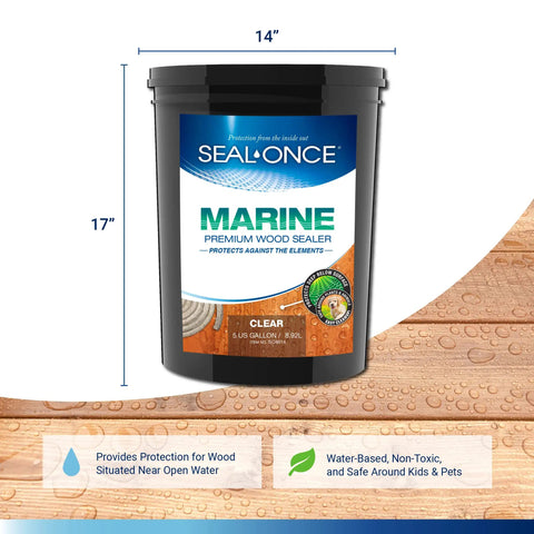 Heavy Duty Marine Wood Sealer And Clear Exterior Stain For Decks And Boat Docks Built Tough Against Saltwater Straight Up Uv Resistant Five Gallon Bucket on wooden surface with droplets