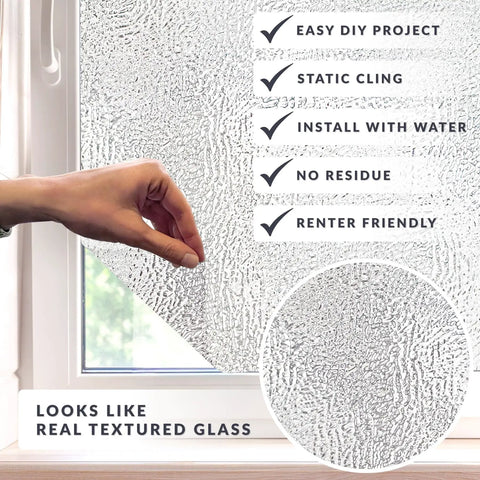 Texture Twelve Window Privacy Film With Dimensional Textured Glass Look Static Cling Non Adhesive Privacy Film For Homes And Offices Blocks View Without Darkening UV Protection Made In USA 36 By 72 Inch being applied