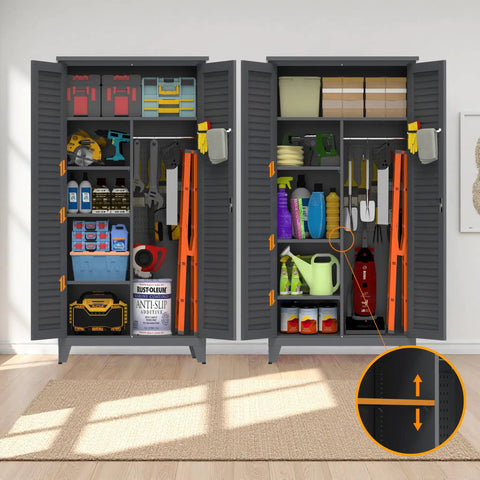 73 Inch Tall Metal Tool Storage Cabinet That Fires Up Your Shop With Roomy Garage Like Organization Space For Workshop Warehouse Garden Office Living Room And Utility Room Built Tough From Rust Resistant Steel With Adjustable Shelves Lockable shown open