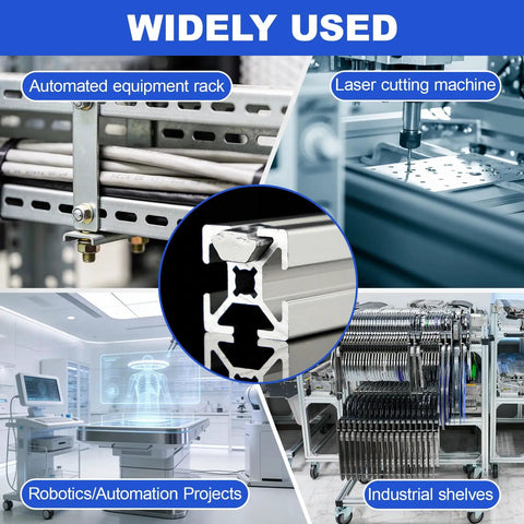 Hella Durable M5 Sliding T Nuts Bulk Pack For 20x20 Aluminum Extrusion Profiles shown in automated equipment rack and laser cutting machine.
