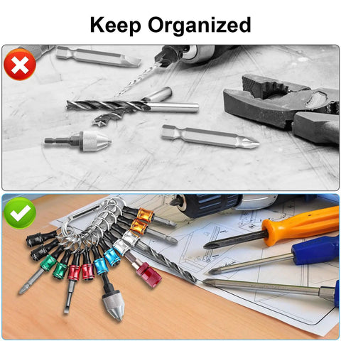 Portable One Quarter Inch Hex Shank Screwdriver Bits Holder Extension Bar Keychain for drills and electric screwdrivers displayed on table