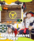 Kids dressed as pirates using Nautical Themed Backyard Playground Accessories Set With Ship Wheels Telescope Telephone Bell. Indoor setup.
