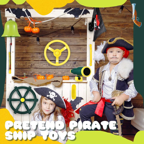 Kids dressed as pirates using Nautical Themed Backyard Playground Accessories Set With Ship Wheels Telescope Telephone Bell. Indoor setup.