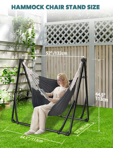 Woman reading in 2 In 1 Hammock And Swing Chair With Collapsible Steel Stand And Carrying Case Portable And Adjustable No Fuss Setup outdoors