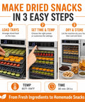 Big League 12 Tray Commercial Food Dehydrator Machine 800 Watts drying sliced fruits and herbs in three easy steps.