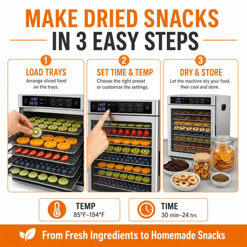 Big League 12 Tray Commercial Food Dehydrator Machine 800 Watts drying sliced fruits and herbs in three easy steps.