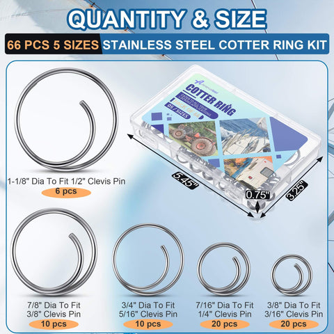 66 Piece Stainless Steel Cotter Ring Kit In 5 Sizes With 316 Grade Pins, storage box, size chart for clevis and hitch pins.
