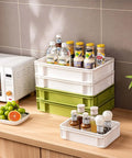 Front view of Heavy Duty Stackable Plastic Storage Bin For Kitchen, Bathroom, Office And Camping with green 2L and 2S, undersink storage.