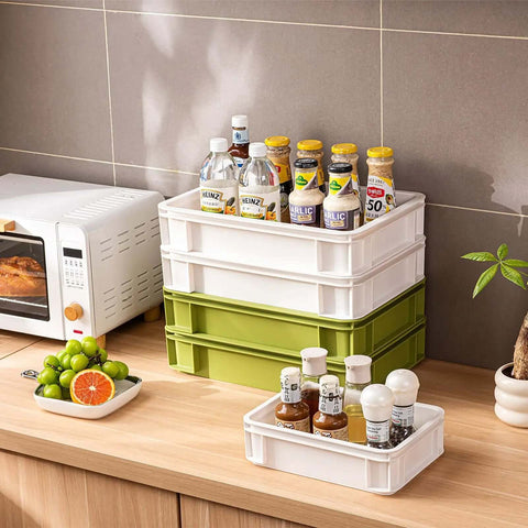 Front view of Heavy Duty Stackable Plastic Storage Bin For Kitchen, Bathroom, Office And Camping with green 2L and 2S, undersink storage.