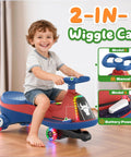Child riding Two Seater Electric Wiggle Car For Kids With Pedal, 75W Motor, 2-In-1 Ride On Toy With Bluetooth Music, Blue, indoors.