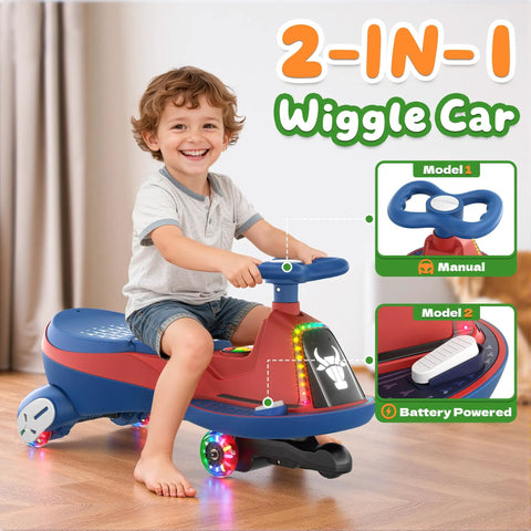 Child riding Two Seater Electric Wiggle Car For Kids With Pedal, 75W Motor, 2-In-1 Ride On Toy With Bluetooth Music, Blue, indoors.