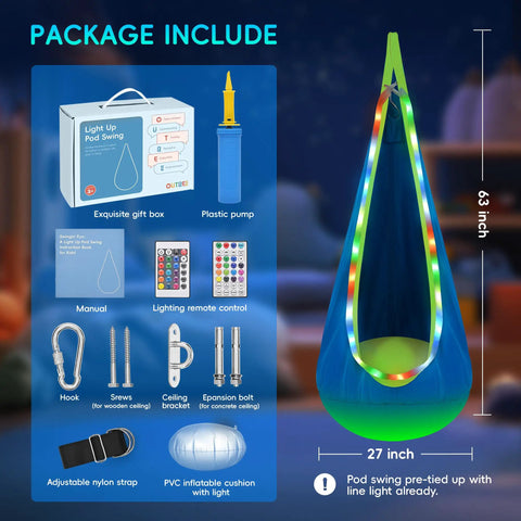 Light Up Pod Swing Seat For Kids With LED Lights, Sensory Hammock Chair in Cotton, 63x27 inches, includes hardware and remotes