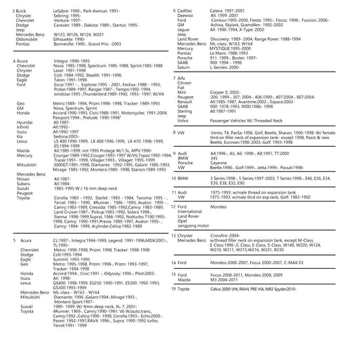Catalog page listing automotive brands and model ranges in two columns.