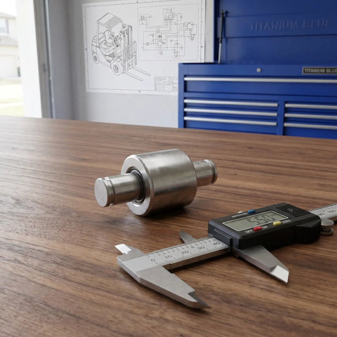 Heavy Duty Steel Hydraulic Pallet Jack Handle Roller With Gleaming Polish on a wooden table beside measurement calipers.