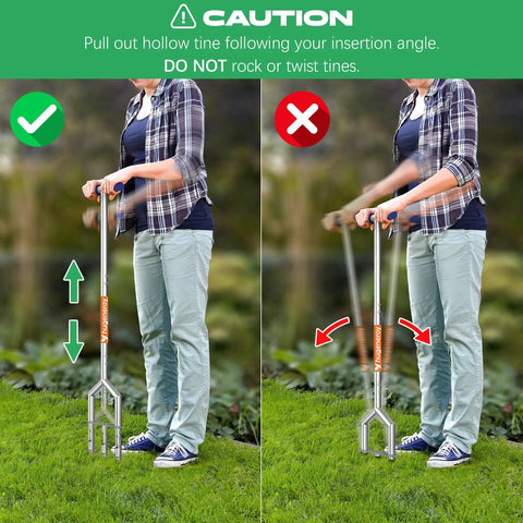 Manual Push Core Aerator Tool For DIY Friendly Healthier Lawn Care With Hollow Tine Inserts Three Replaceable Tines Semi Assembled Handheld Yard Aerator To Improve Soil Airflow Water And Nutrient Uptake For Thicker Greener Grass Orange shown with usage instructions in lawn.