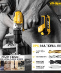 Hi-Spec drill bit set with cordless yellow drill and battery; shows twist, masonry, brad-point and spade bits
