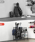 Before and after of a garage with Extra Large Garage Golf Bag Organizer Stand With Rolling Wheels And Shelves For Two Golf Bags in use.