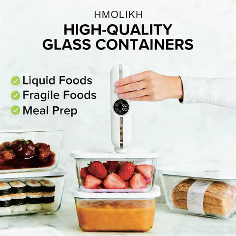 Hand using vacuum sealer on glass containers filled with strawberries, soup, bread, sushi with text 'High-Quality Glass Containers'
