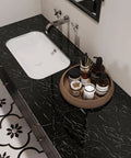 Wide Black Marble Countertop Contact Paper Waterproof Glossy Marble Wallpaper Peel And Stick 32 Inch Wide By 354 Inch Long in bathroom.