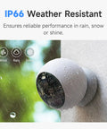 Wireless Outdoor Security Camera 2K With AI Motion Detection mounted on a wall in rain, showing IP66 weather resistance.