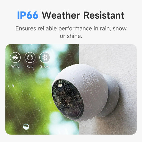 Wireless Outdoor Security Camera 2K With AI Motion Detection mounted on a wall in rain, showing IP66 weather resistance.