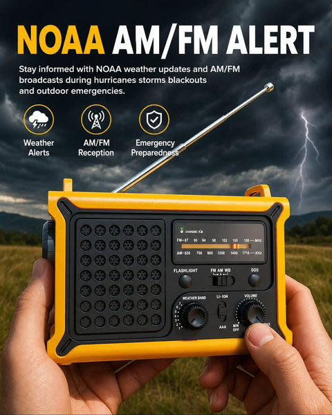 Beefed Up Emergency Weather Radio With Hand Crank Solar Power And 12000mAh Battery, featuring NOAA AM FM Alerts used in storm