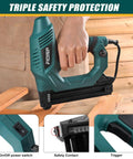 Heavy Duty Electric Brad Nailer And Staple Gun Handles 18 Gauge Fasteners Like A Boss, showing a hand gripping the tool with safety features.