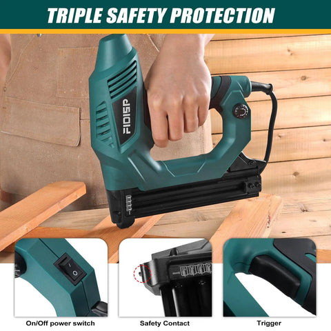 Heavy Duty Electric Brad Nailer And Staple Gun Handles 18 Gauge Fasteners Like A Boss, showing a hand gripping the tool with safety features.