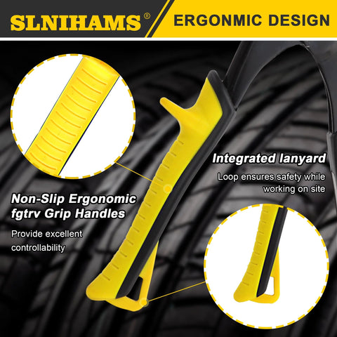 Side view of SLNIHAMS 5-blade sheet metal crimper with yellow/black ergonomic grip and integrated lanyard.