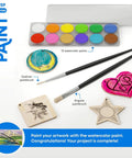 Paint section of Beginner Wood Burning Kit For Kids And Teens, Totally Beginner Friendly, Easter Gift And Birthday Gift Idea For Boys And Girls, Learn Step By Step Sketch Burn And Paint Eight DIY Art Projects, Safe Pro Grade Accessories For Fun Craft Activities with watercolor paints and brushes on display.