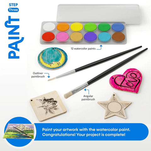Paint section of Beginner Wood Burning Kit For Kids And Teens, Totally Beginner Friendly, Easter Gift And Birthday Gift Idea For Boys And Girls, Learn Step By Step Sketch Burn And Paint Eight DIY Art Projects, Safe Pro Grade Accessories For Fun Craft Activities with watercolor paints and brushes on display.