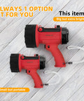 Two red Beast Mode Rechargeable Spotlights with different sizes, showcasing their heavy-duty design and foldable stands on a wooden surface.