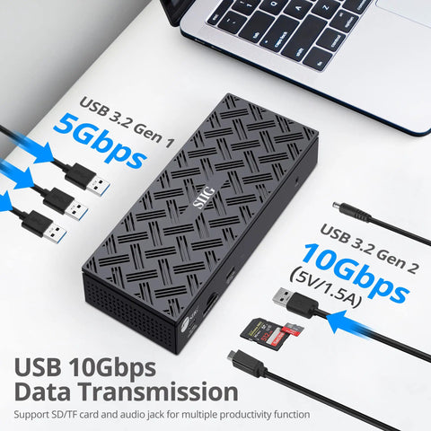 Total Game Changer DisplayLink USB C Dock For Laptop Battlestation Quad 4K 60Hz Monitor Support with USB 3.2 ports shown.