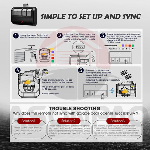 Illustrated setup guide for Two Pack Bundle 953EV P2 953ESTD Universal Garage Door Opener Remote with troubleshooting tips.