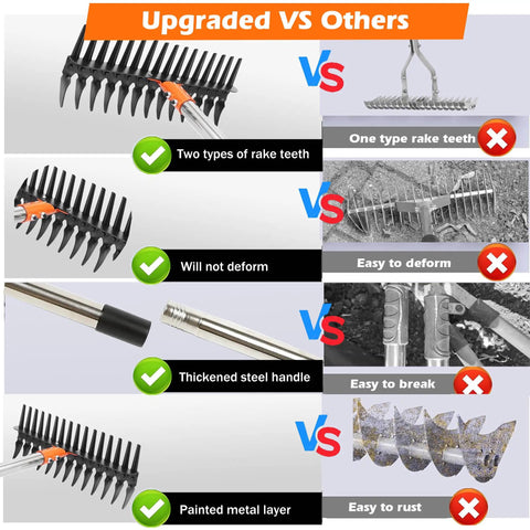 Comparison of Heavy Duty Thatch Rake For Lawn Dethatching with adjustable rake teeth, thickened steel handle, against regular rake.