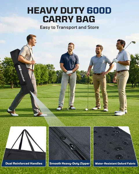 Backyard Golf Hitting Net For Indoor Outdoor Practice 10x8ft With Heavy Duty Netting Carry Bag on golf course with features highlighted